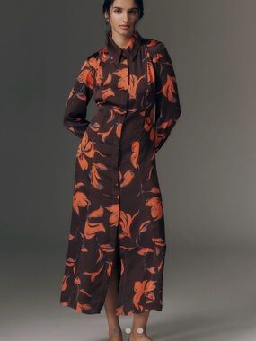 Anthropologie Exquise Floral-Print Long-Sleeve Satin Shirt Dress
